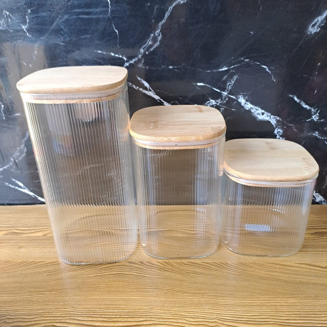 3pc Ribbed Glass Bamboo Lid storage jars