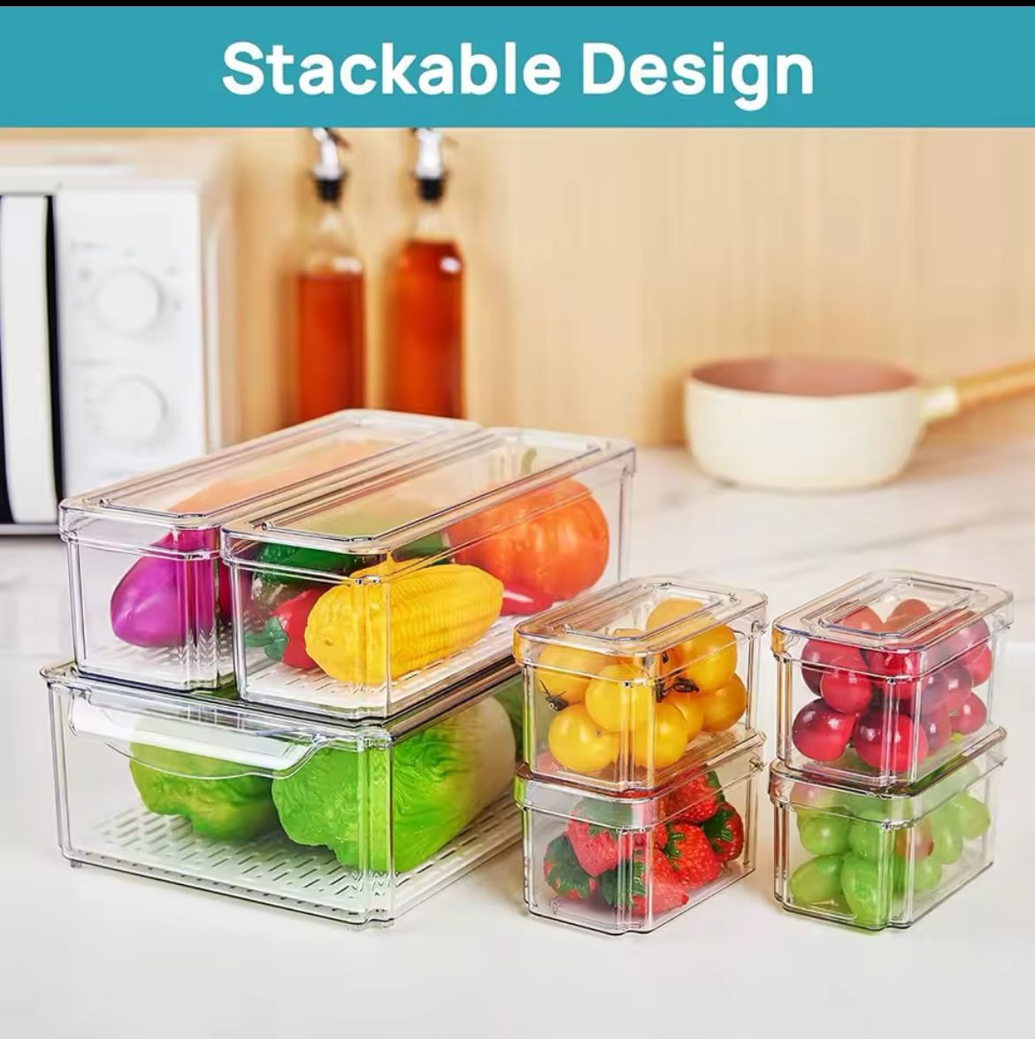 BPA-Free Stackable acrylic Fridge Organizer Bins with Lids 7 pcs