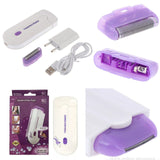 An electric face and body hair remover in purple color, including a USB cable and a charging stand. The product is packaged in a box with before and after images of hair removal results.