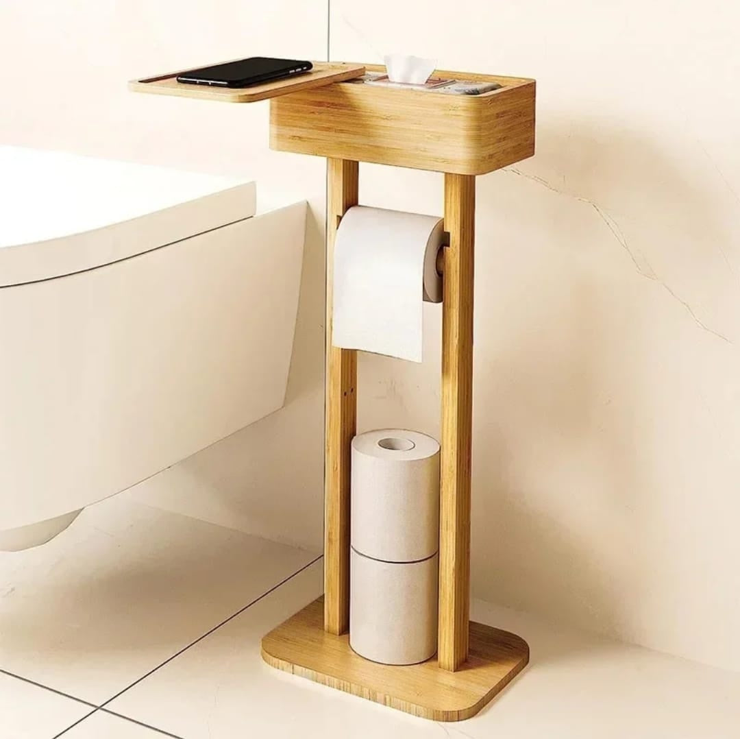 Eco-friendly bamboo toilet tissue holder with upper  storage and phone placement/holder