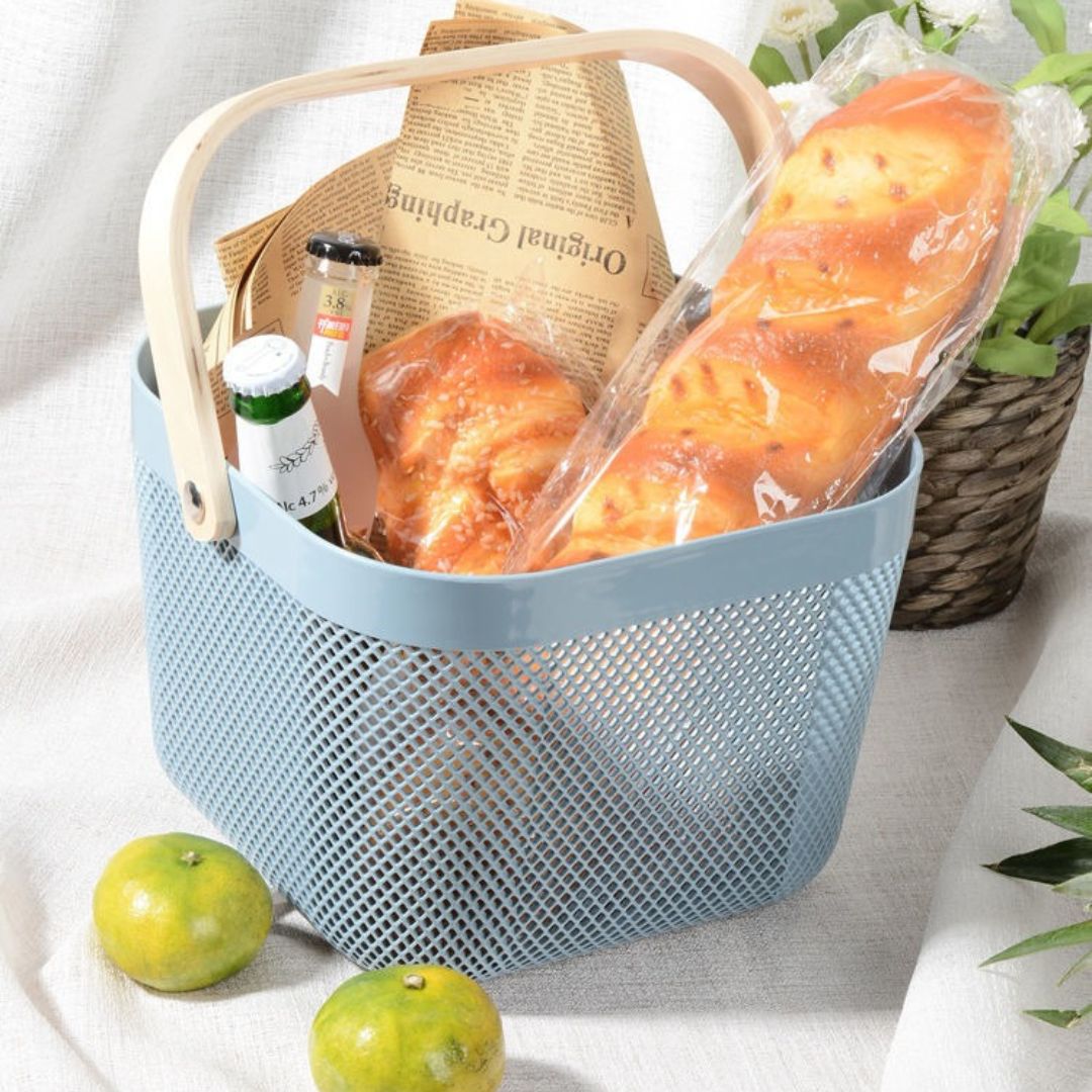 Portable storage basket with mesh & wooden handle