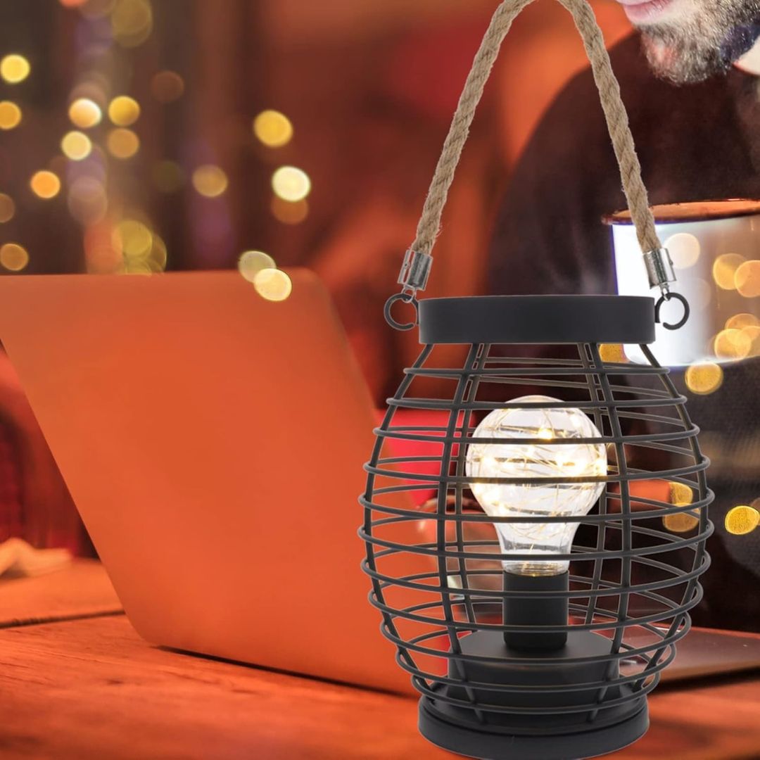 Retro Metal Wire Table Lamp Industrial Cage Lantern Led Desk Stand Night Light