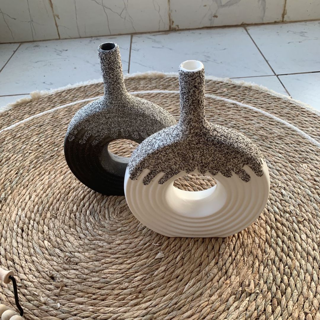 Ceramic Donut Vase, 12 inch Flower Vase for Home Decor, Round Matte Textured Vase