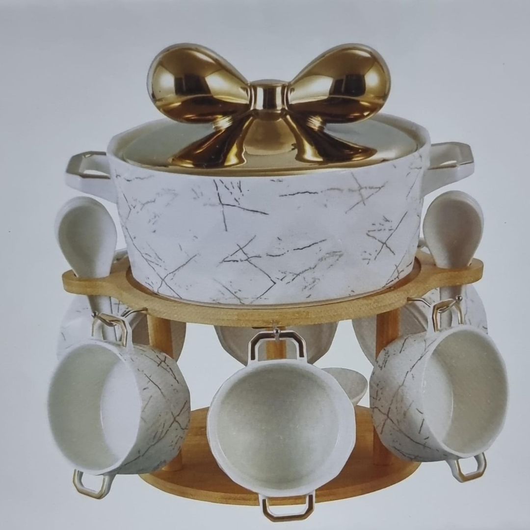 set of 6 ceramic marble-like soup bowls 1 soup touren on bamboo base + burner