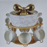 set of 6 ceramic marble-like soup bowls 1 soup touren on bamboo base + burner