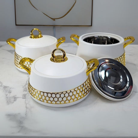 Premium Food Warmers – Stainless Steel Hotpots (Set of 3pcs)

Material: High-quality stainless steel with gold finish
Capacity: 2L, 2.5L, 3L
Design: Elegant insulated hotpots with matching lids for luxury presentation
Features:
• Keeps food hot and fresh for up to 7 hours
• Durable, stylish, and ideal for serving at home or special occasions
• Easy to clean and perfect for daily use or hosting

Combines function and elegance to elevate your dining experience.