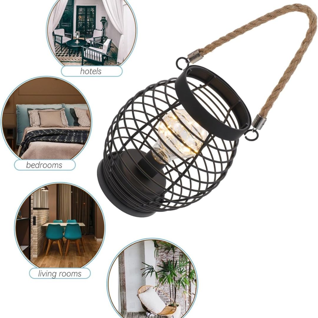 Retro Metal Wire Table Lamp Industrial Cage Lantern Led Desk Stand Night Light