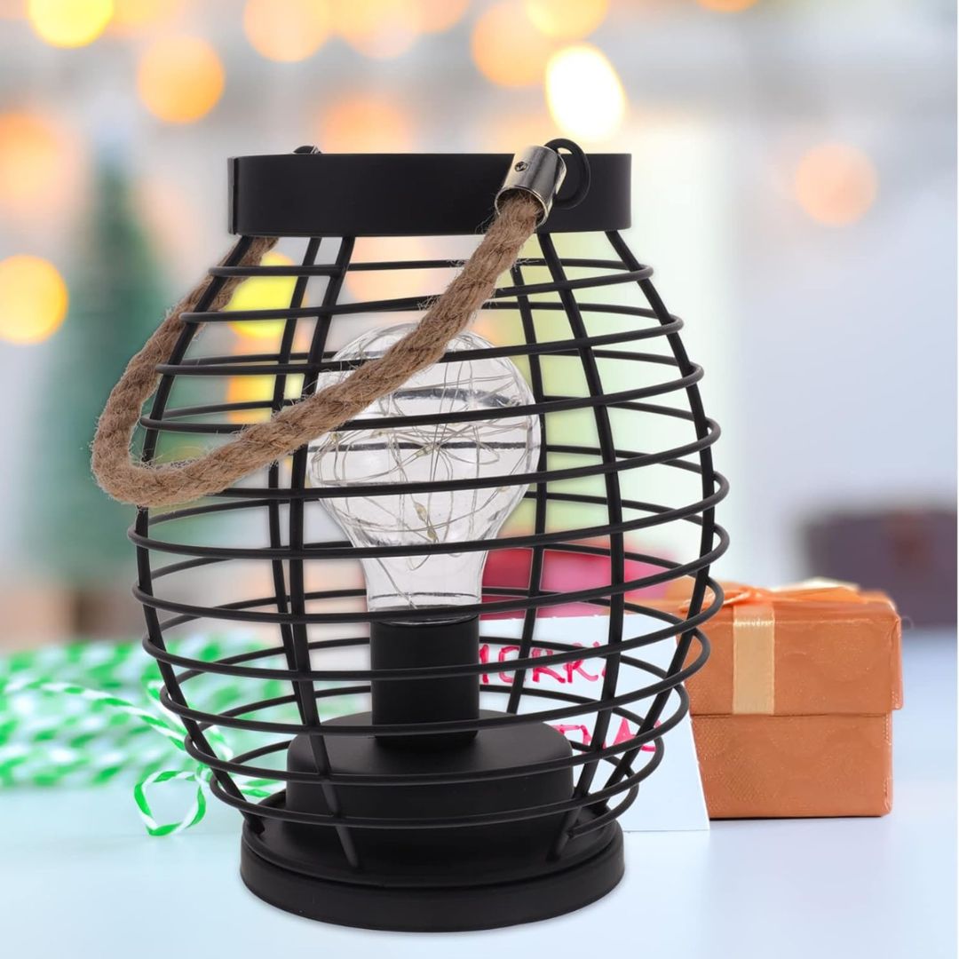 Retro Metal Wire Table Lamp Industrial Cage Lantern Led Desk Stand Night Light