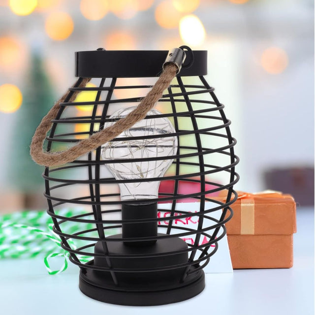 Retro Metal Wire Table Lamp Industrial Cage Lantern Led Desk Stand Night Light