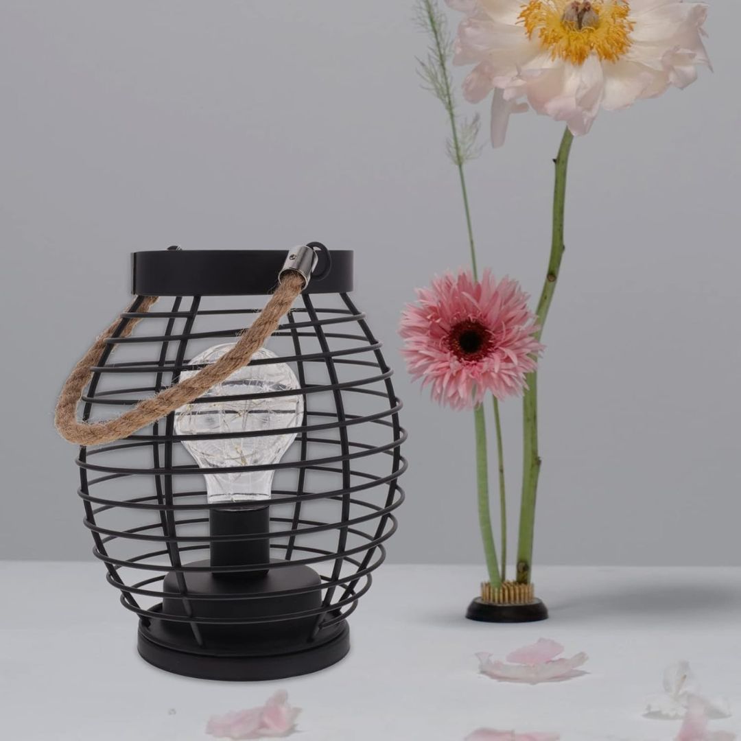 Retro Metal Wire Table Lamp Industrial Cage Lantern Led Desk Stand Night Light