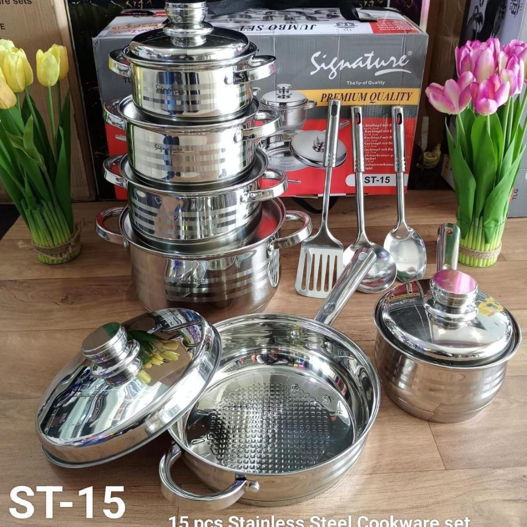 Induction Base Stainless Steel Cookware set with Stainless Steel Lid 15 pcs