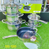 Set Composition: 12 pieces including assorted stainless steel pots, one nonstick frying pan, and tempered glass lids.

Material: Durable stainless steel construction with a high-quality nonstick coating on the pan.

Induction Ready: Features a flat induction base compatible with all cooktops—gas, electric, ceramic, and induction.

Glass Lids: Clear, heat-resistant lids with steam vents for easy monitoring while cooking.

Versatile Use: Ideal for everyday cooking tasks like boiling, frying, simmering, and st