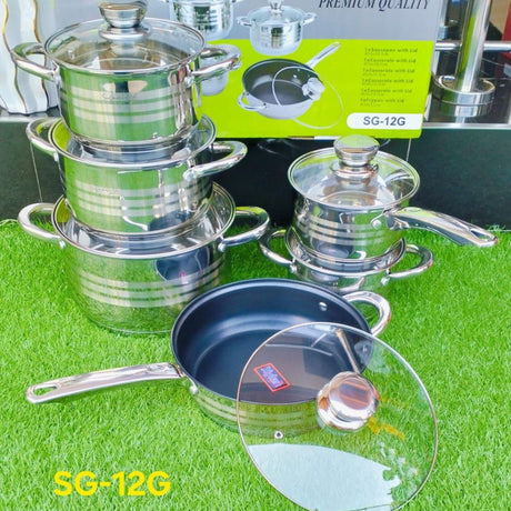 Set Composition: 12 pieces including assorted stainless steel pots, one nonstick frying pan, and tempered glass lids.

Material: Durable stainless steel construction with a high-quality nonstick coating on the pan.

Induction Ready: Features a flat induction base compatible with all cooktops—gas, electric, ceramic, and induction.

Glass Lids: Clear, heat-resistant lids with steam vents for easy monitoring while cooking.

Versatile Use: Ideal for everyday cooking tasks like boiling, frying, simmering, and st