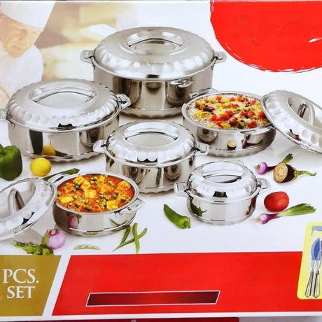 Set Includes: 6 different-sized hotpots ideal for various food portions and occasions.

Material: Crafted from premium stainless steel for durability, hygiene, and long-lasting shine.

Insulated Design: Double-wall insulation keeps food hot for extended periods without reheating.

Lid Feature: Each pot comes with a matching stainless steel lid for secure, airtight closure.

Ideal Use: Perfect for serving and storing hot meals like rice, stew, or chapati during family meals or parties.