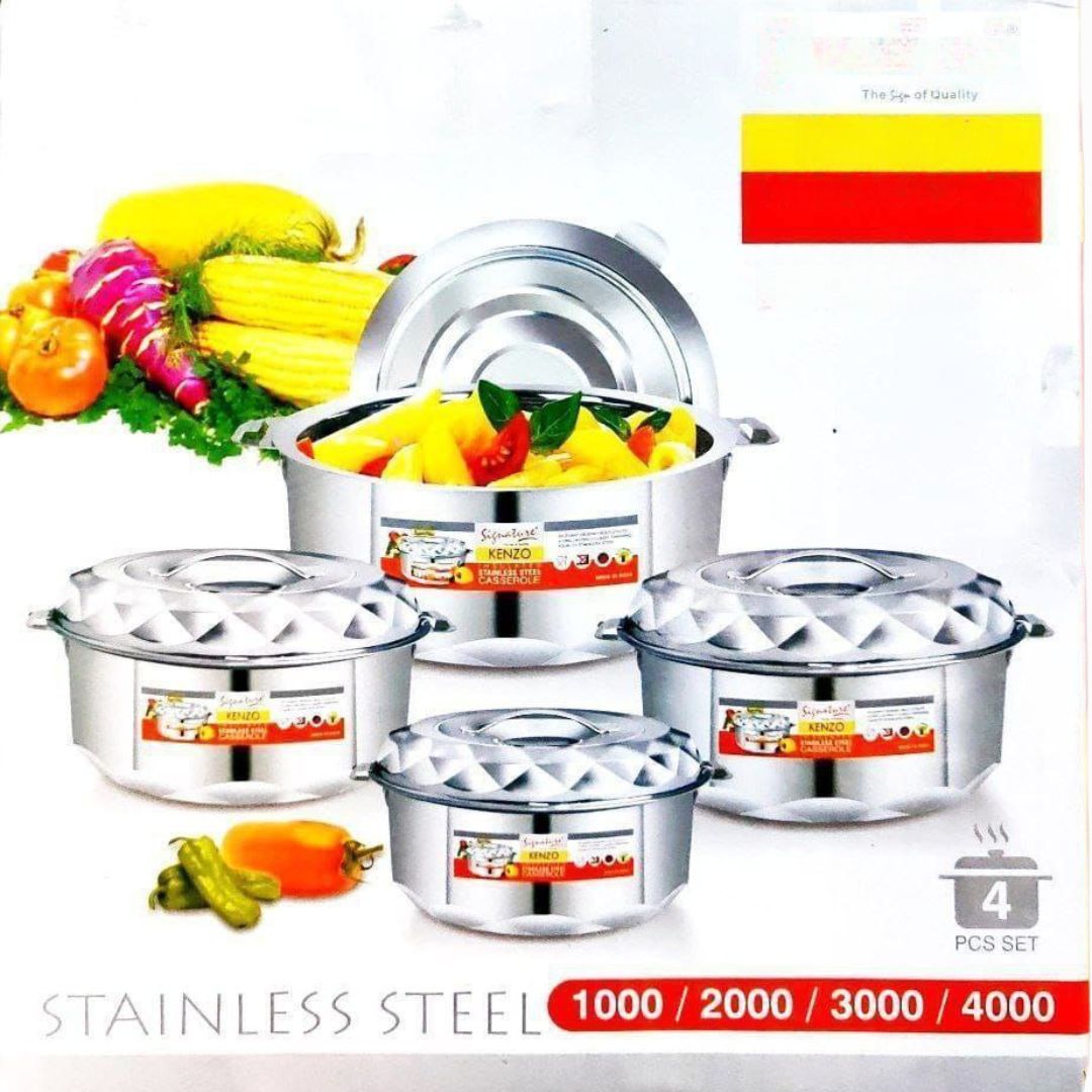 Material: Made from durable, food-grade stainless steel that resists rust and corrosion.

Insulated: Double-wall insulation keeps food hot and fresh for extended periods.

Lid Design: Comes with matching lids for secure heat retention and convenient serving.

Easy to Clean: Smooth surface allows for quick and hygienic cleaning.

Uses: Ideal for storing and serving hot meals at home, parties, or family gatherings.