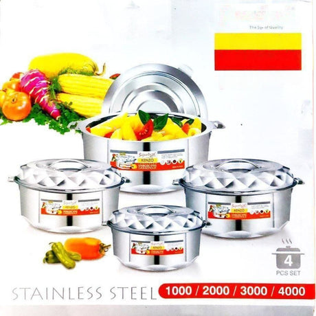 Material: Made from durable, food-grade stainless steel that resists rust and corrosion.

Insulated: Double-wall insulation keeps food hot and fresh for extended periods.

Lid Design: Comes with matching lids for secure heat retention and convenient serving.

Easy to Clean: Smooth surface allows for quick and hygienic cleaning.

Uses: Ideal for storing and serving hot meals at home, parties, or family gatherings.