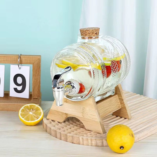 Glass Beverage Dispenser with Faucet, Wood Cork Lid & Bamboo Stand (3L & 5L Options)