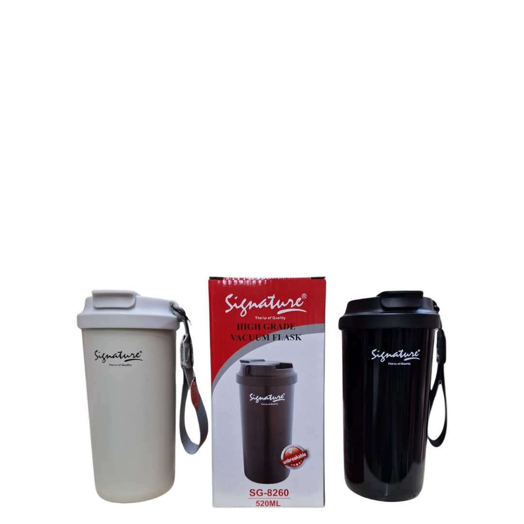 Two vacuum flasks, one gray and one black, with a red and white packaging box in the center on a white background.