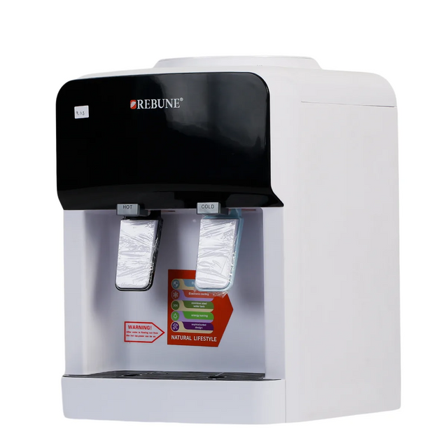 Rebune tabletop hot and cold water dispenser in white and black with two push-lever taps, stainless steel water tank, and electronic cooling system