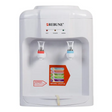 Rebune tabletop water dispenser in white with red and blue hot and cold taps, three indicator lights for hot, power and warm, and drip tray at the base