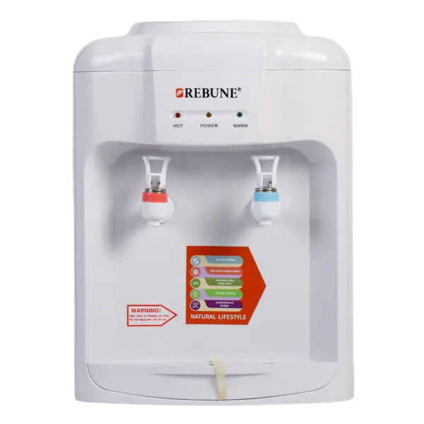 Rebune tabletop water dispenser in white with red and blue hot and cold taps, three indicator lights for hot, power and warm, and drip tray at the base