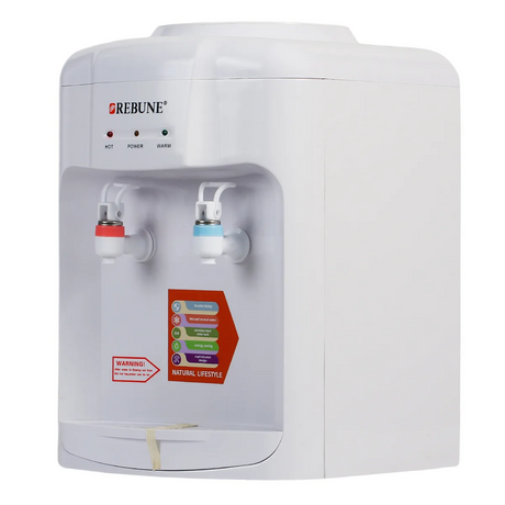 Rebune tabletop water dispenser in white with red and blue hot and cold taps, three indicator lights for hot, power and warm, and drip tray at the base