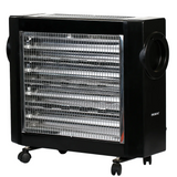 Rebune electric quartz heater in matte black with 5 heating elements behind a metal safety grille, side carry handles, and 4 rolling caster wheels