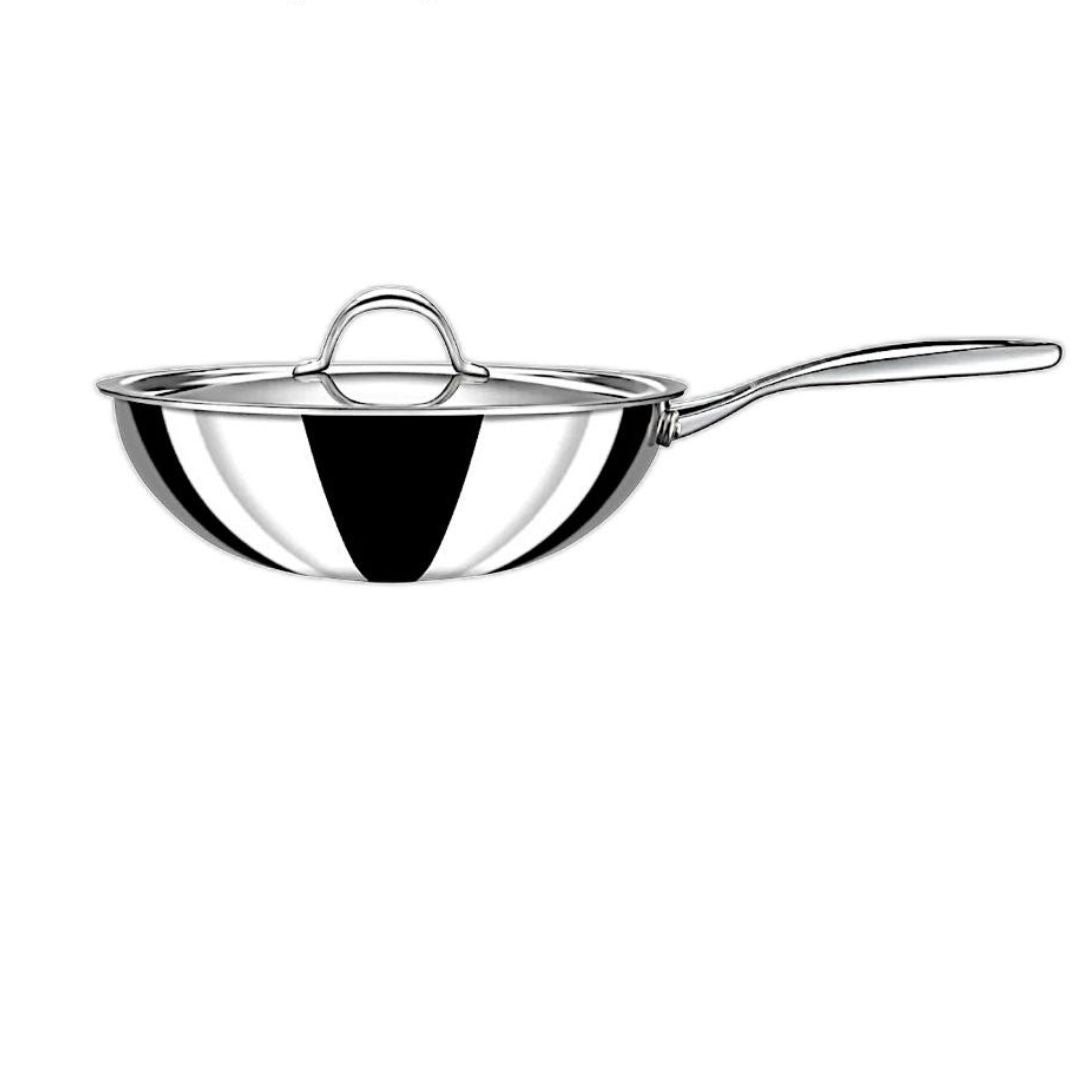 Stainless steel wok with lid on a white background 