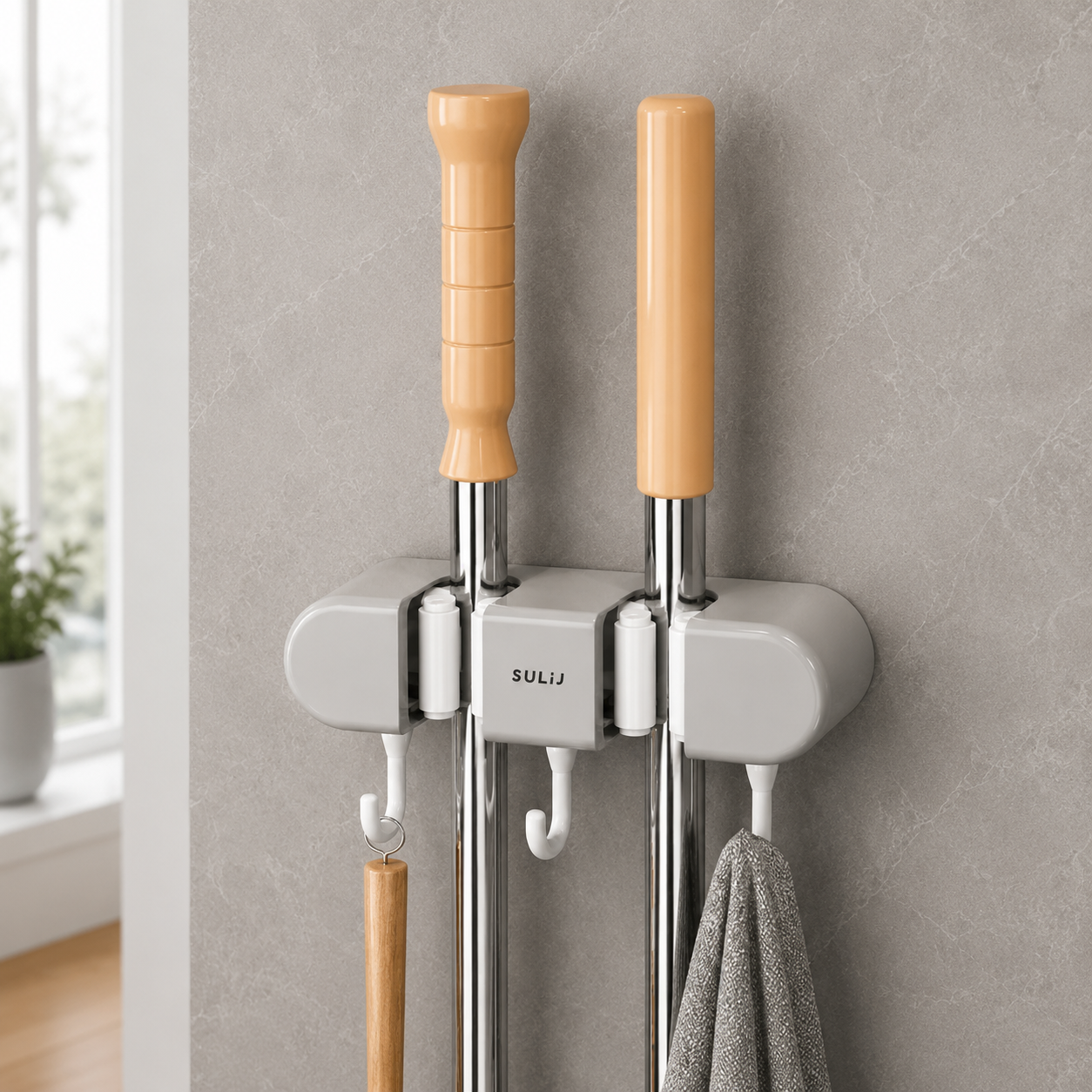 Wall Mounted Mop & Broom Holder – 2 Racks, 3 Hooks cry