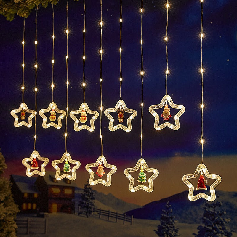 Warm White Star Christmas LED Curtain Lights with Santa san