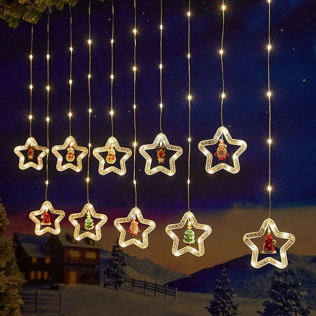 Warm White Star Christmas LED Curtain Lights with Santa san