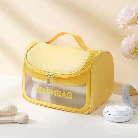 Yellow washbag with 'WASHBAG' text on a light background