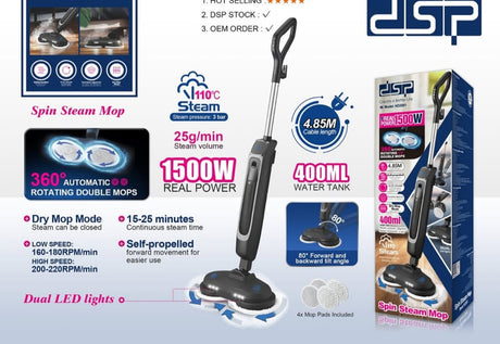 Spin steam mop with packaging and features displayed on a white background