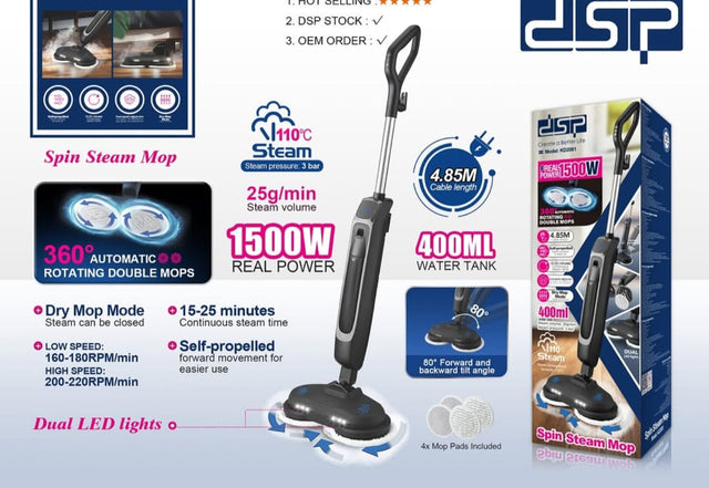 Spin steam mop with packaging and features displayed on a white background