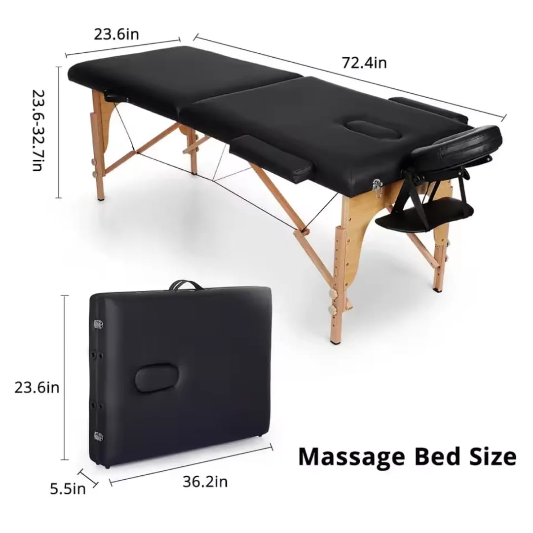 Portable Foldable Wooden Massage Bed with Adjustable Height & Face Cradle (Black, 72 inches)