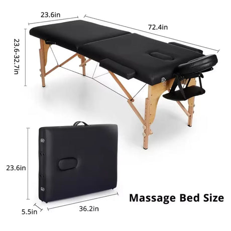 Portable Foldable Wooden Massage Bed with Adjustable Height & Face Cradle (Black, 72 inches)