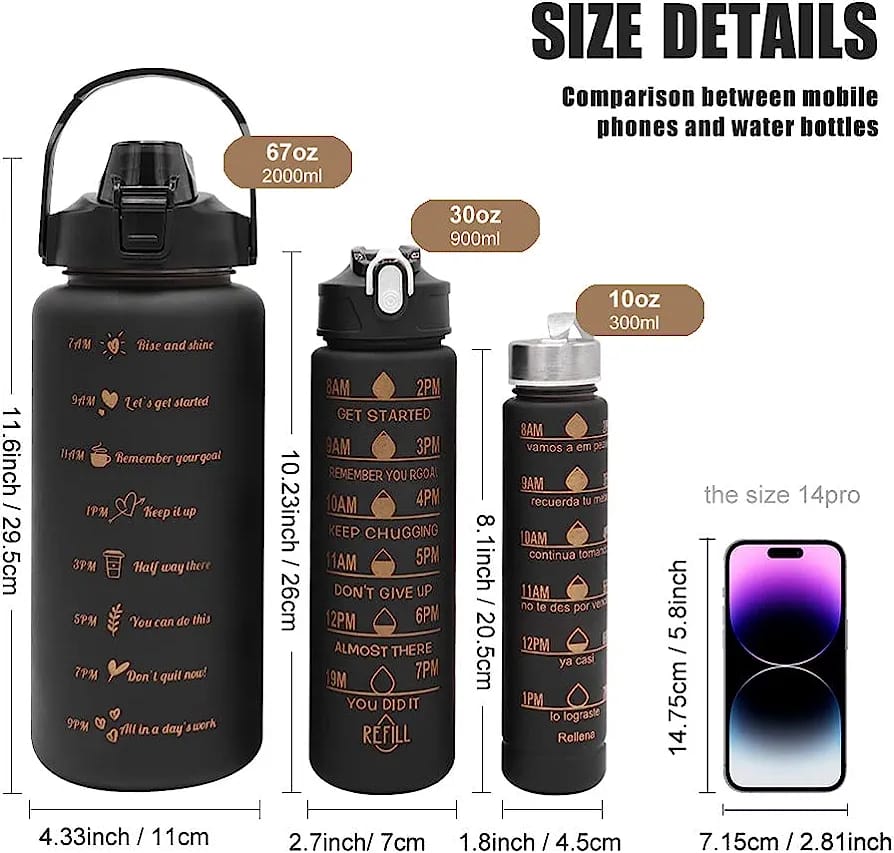 3 in 1 Black themed motivational water bottles