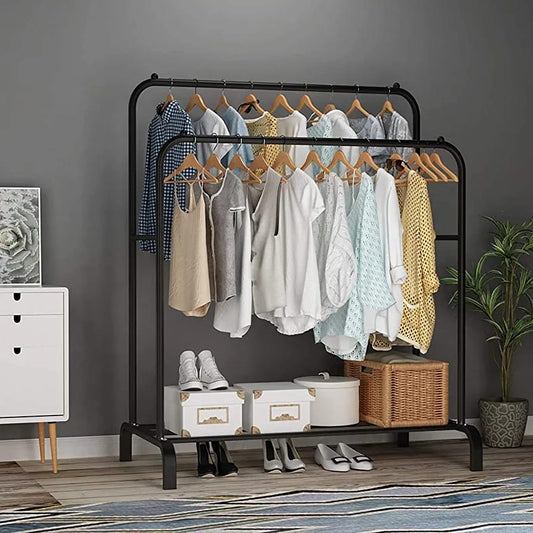 Double Pole Clothing Rack With Lower Storage Shelf for Boxes /Shoes