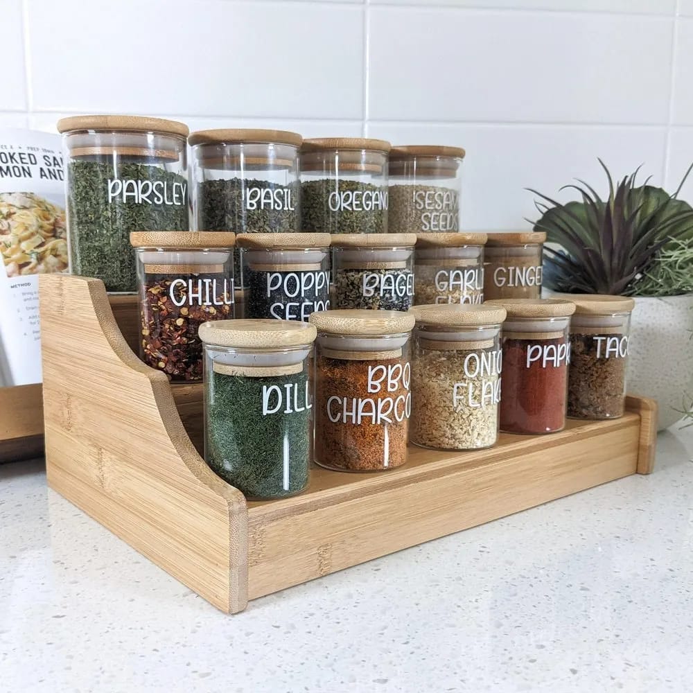 Glass Spice Jar set with a Wooden Bamboo Stand 15pcs