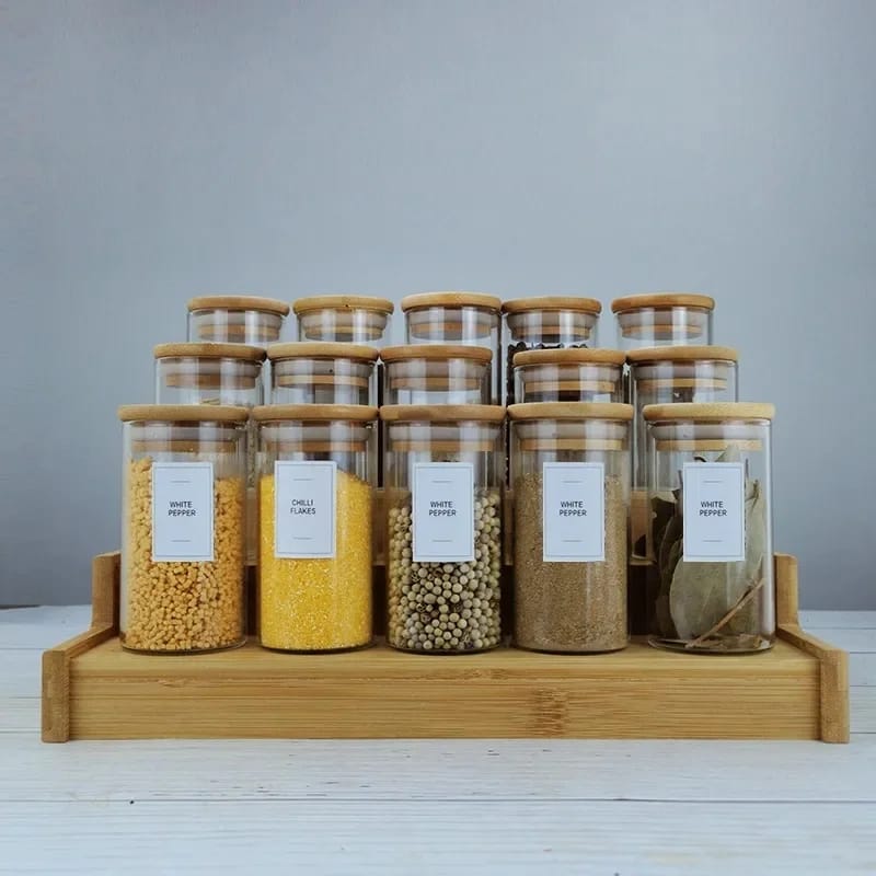 Glass Spice Jar set with a Wooden Bamboo Stand 15pcs