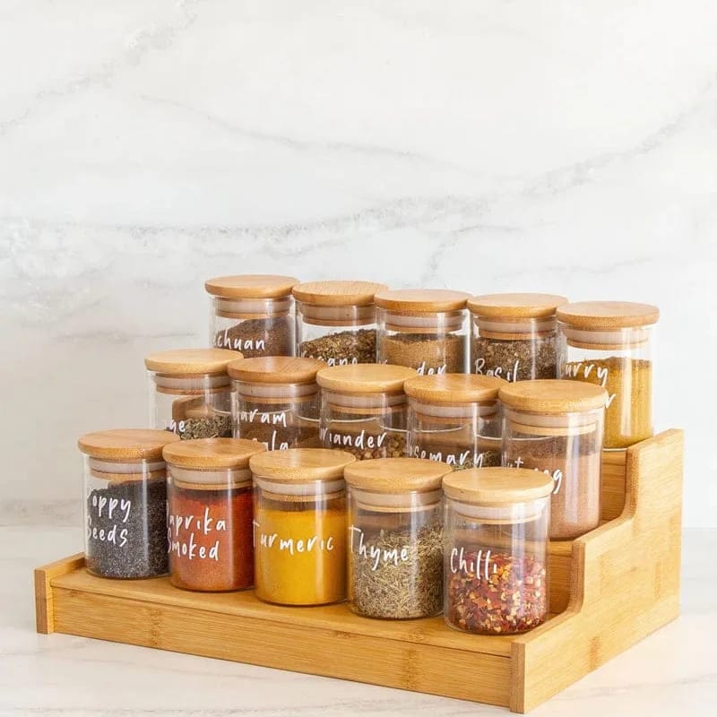 Glass Spice Jar set with a Wooden Bamboo Stand 15pcs