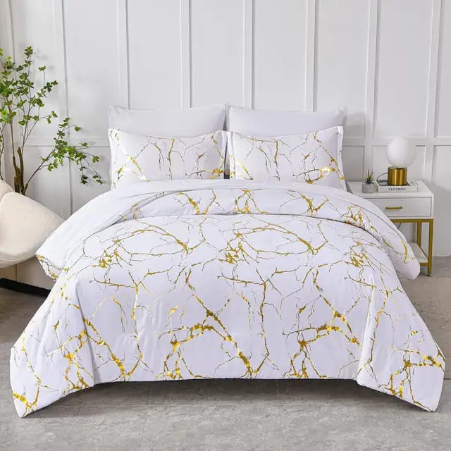 White Marble Printed 3 Piece Luxury Microfiber Down Comforter Quilt Cover