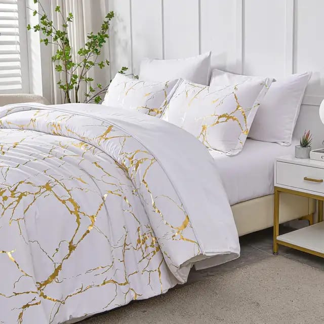 White Marble Printed 3 Piece Luxury Microfiber Down Comforter Quilt Cover