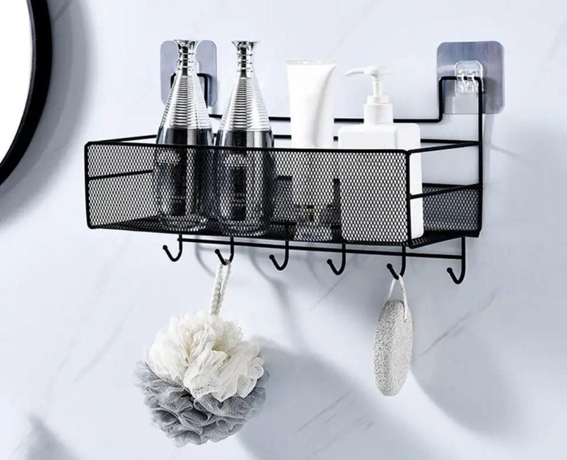 Mesh bathroom rack with hooks