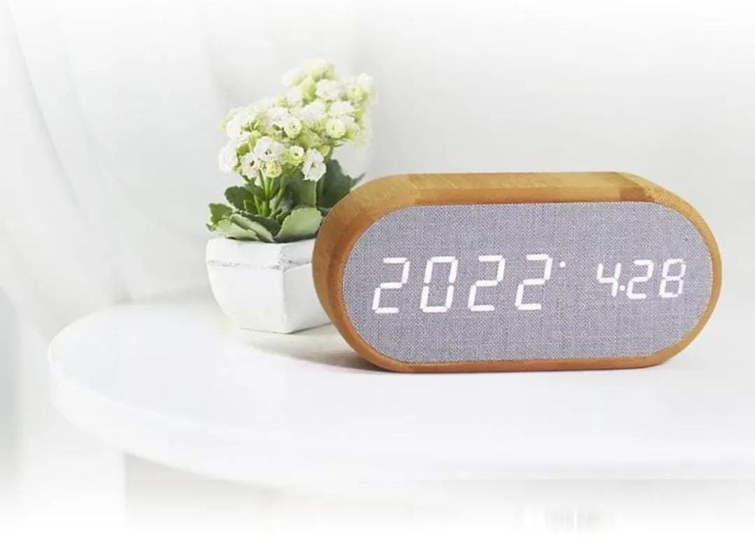 Wooden Digital Alarm Clock with wireless charging display, LED temperature, time &  humidity display