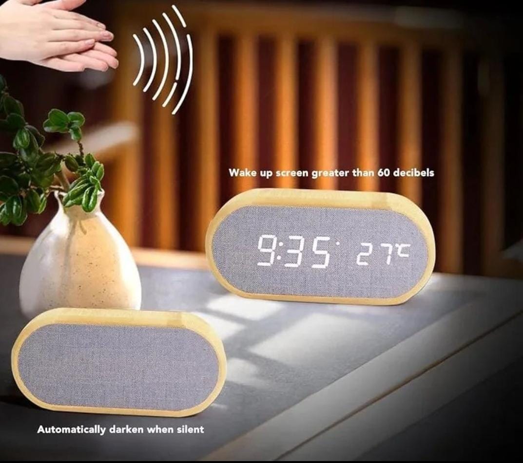 Wooden Digital Alarm Clock with wireless charging display, LED temperature, time &  humidity display