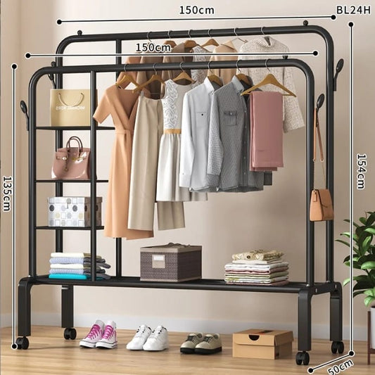 New Design Double pole cloth rack with lower and side storage for shoe and boxes. Has with wheels