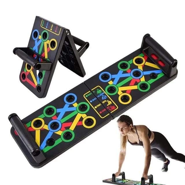 A foldable push-up board with various colored areas for different push-up positions, and a person demonstrating its use by performing a push-up on the board.