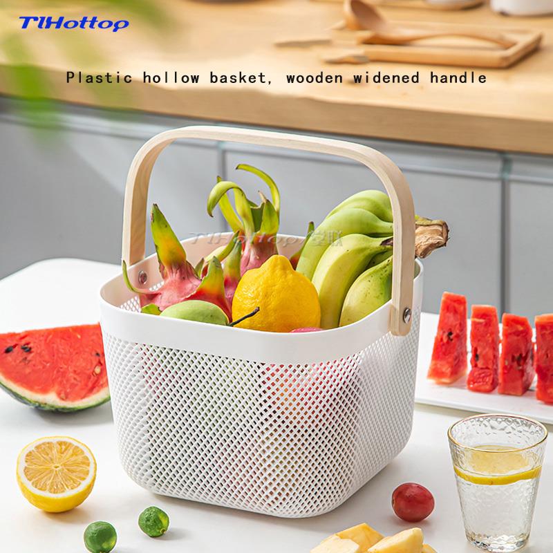 Portable storage basket with mesh & wooden handle