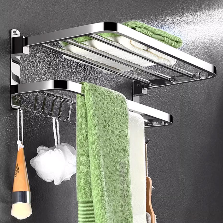 Bathroom wall mounted towel rack accessory with hooks